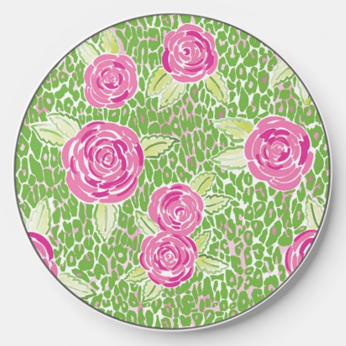 Pink Green Leopard Print with Roses Wireless Charger