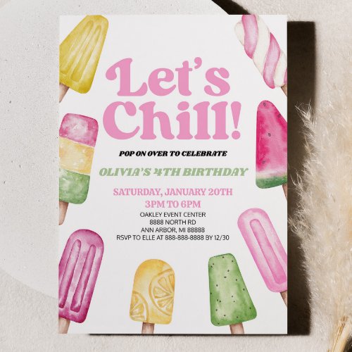 Pink Green Lets Chill Popsicle Birthday Party Invitation