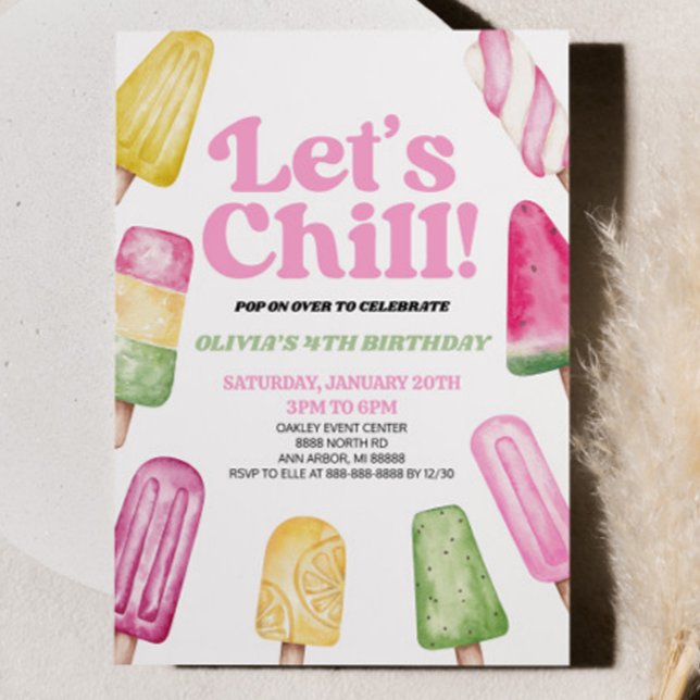 Pink Green Let's Chill Popsicle Birthday Party Invitation (Creator Uploaded)