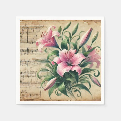 Pink &amp; Green Lilies Vintage Sheet Music Découpage Napkins