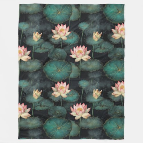 Pink green lily pond pattern fleece blanket