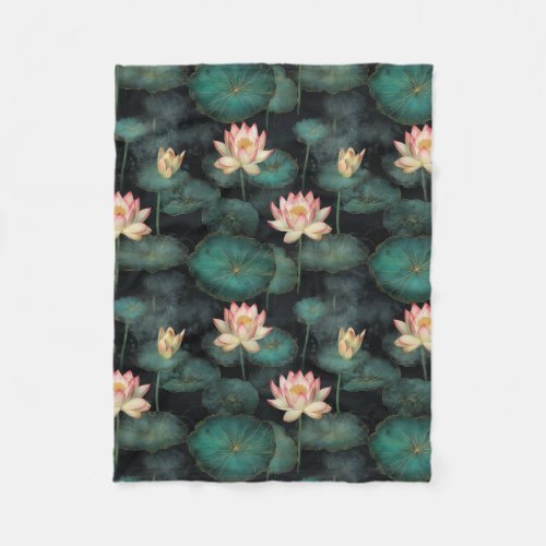Pink green lily pond pattern fleece blanket