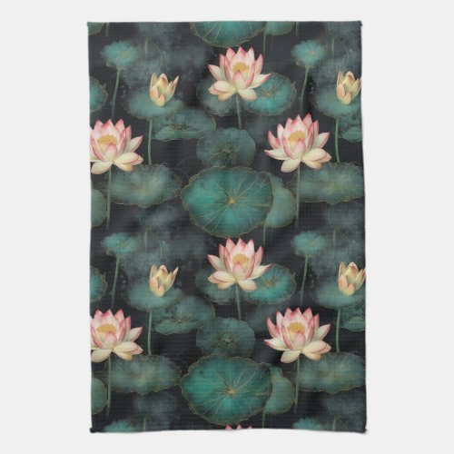 Pink green lily pond pattern kitchen towel