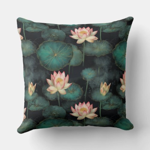 Pink green lily pond pattern throw pillow