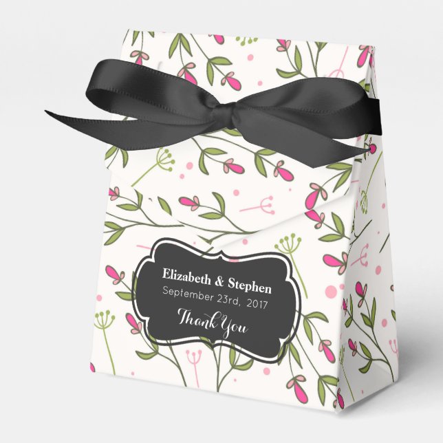 Pink & Green Long Stem Wildflower Wedding Thanks Favor Boxes (Front Side)