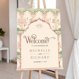 Pink Green Lotus Indian Wedding Welcome Sign