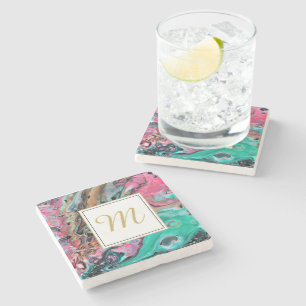 Pink & Green marble  monogram Stone Coaster