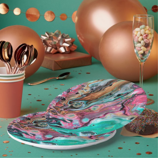 Pink & Green marble  Paper Plates (Multi)