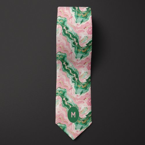 Pink  Green Marbled Monogram Neck Tie