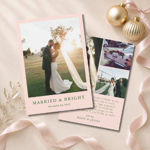 Pink & Green Married & Bright 4 Photo Wedding Holiday Card