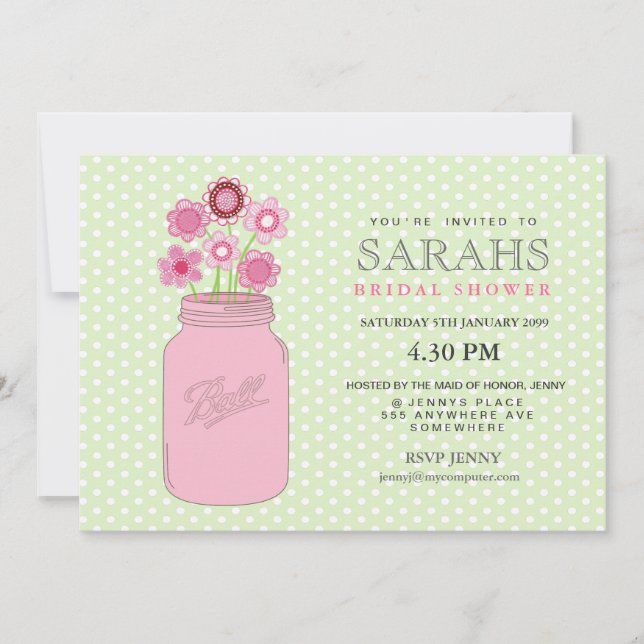 Pink + Green Mason Jar Flowers Bridal Shower Party Invitation (Front)