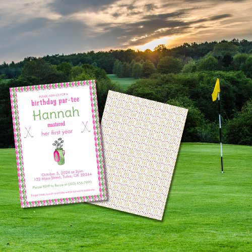 Pink Green Masters Golf Birthday Party Invitations