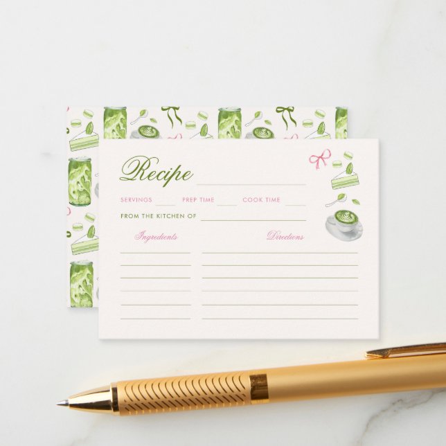 Pink Green Matcha Share the Recipe Bridal Shower Enclosure Card (Front/Back In Situ)