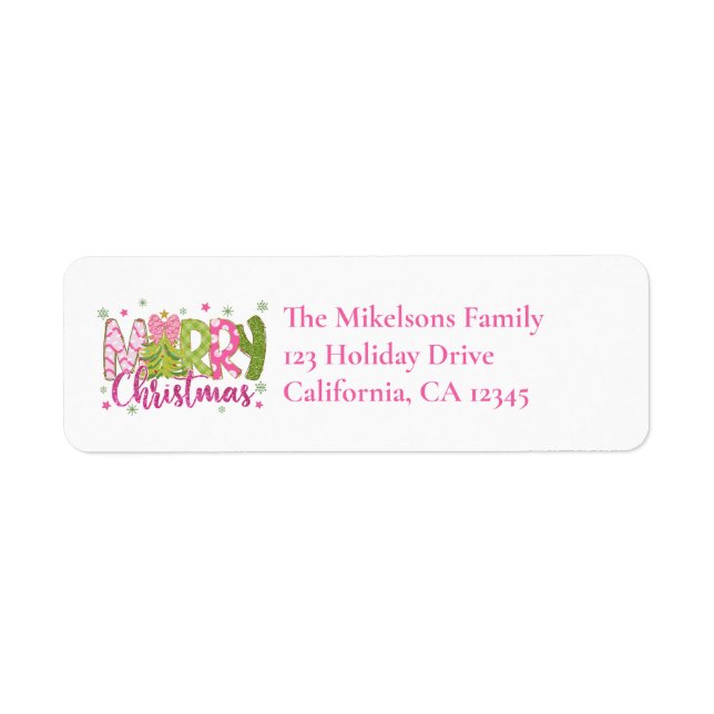 Pink Green Merry Christmas Return Address Label (Front)