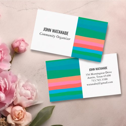 Pink Green Minimalist Stripes Handmade Business Card