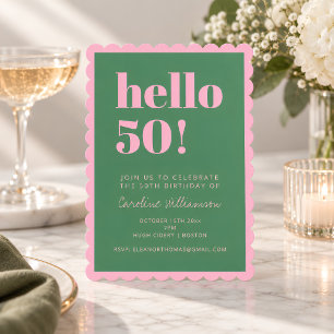 Pink Green Modern 50th Scalloped Birthday Party Invitation