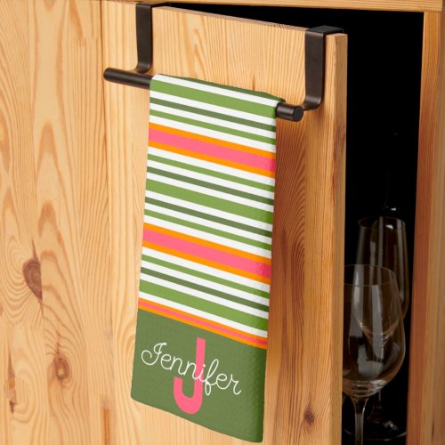 Pink Green Modern Stripe Stylish Initial Last Name Kitchen Towel