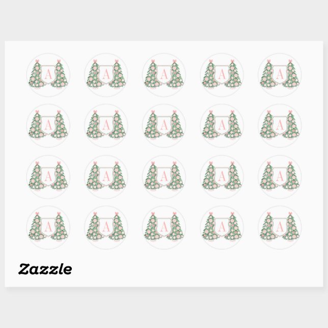 Pink Green Monogram Christmas Tree Envelope Seal (Sheet)