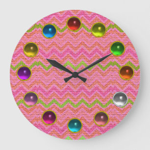 PINK GREEN MOSAIC CHEVRON AND COLORFUL GEMSTONES LARGE CLOCK