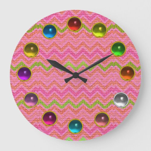 PINK GREEN MOSAIC CHEVRON AND COLORFUL GEMSTONES LARGE CLOCK