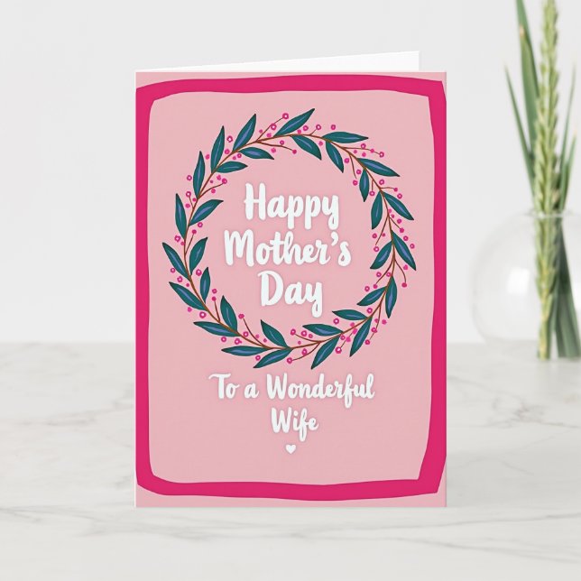 Pink Green Mothers Day Wreath Card (Front)