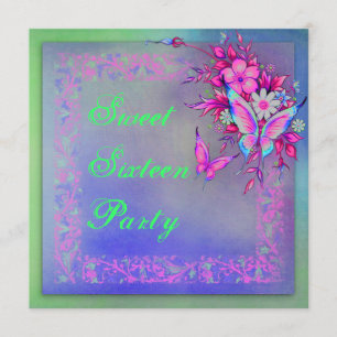 Pink Green Neon Grunge Butterfly Sweet 16 Birthday Invitation