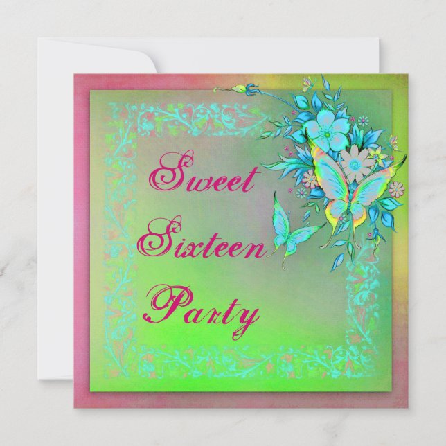 Pink Green Neon Grunge Butterfly Sweet 16 Birthday Invitation (Front)