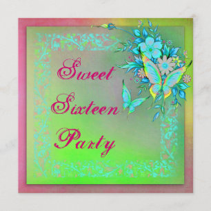 Pink Green Neon Grunge Butterfly Sweet 16 Birthday Invitation