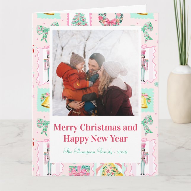 Pink & Green Nutcracker Custom Christmas Photo  Card (Front)