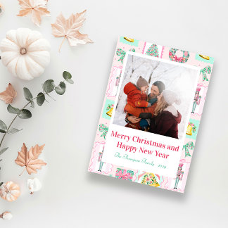Pink & Green Nutcracker Custom Christmas Photo Holiday Card