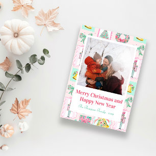 Pink & Green Nutcracker Custom Christmas Photo  Holiday Postcard