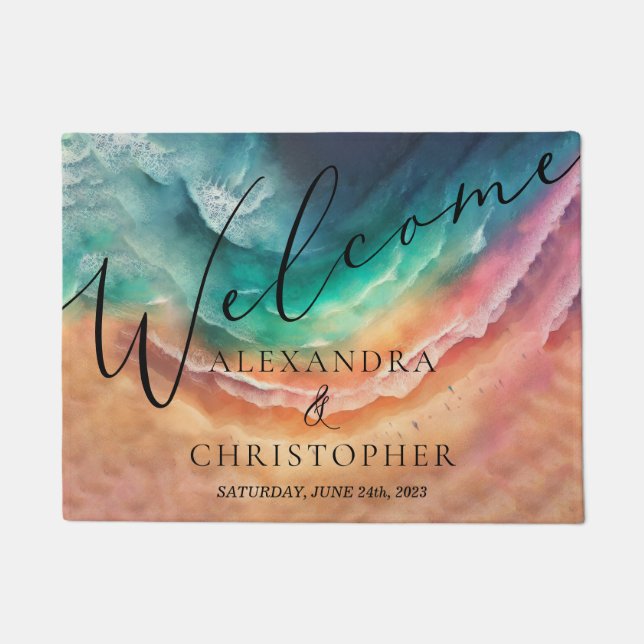 Pink Green Ocean Beach Signature Summer Welcome Doormat (Front)