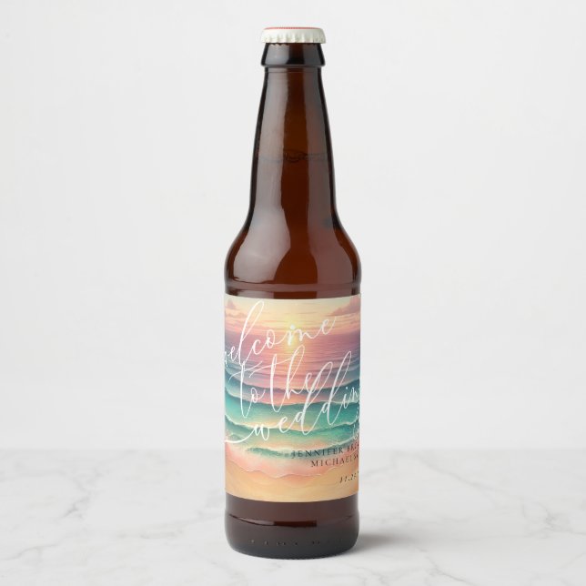 Pink Green Ocean Beach Summer Green Sea Wedding Beer Bottle Label (Front)