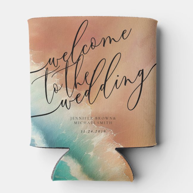 Pink Green Ocean Beach Summer Party Wedding Can Cooler