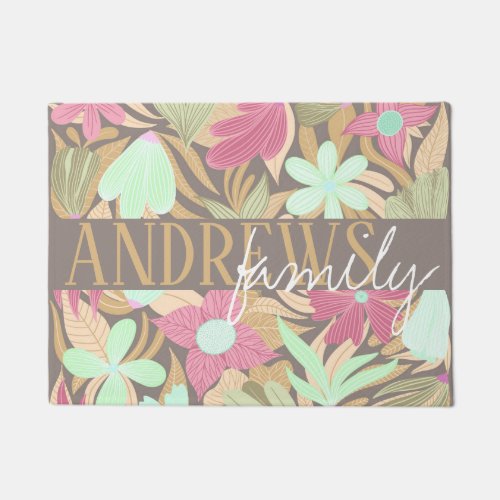 Pink Green Olive Floral Illustration Monogram Doormat