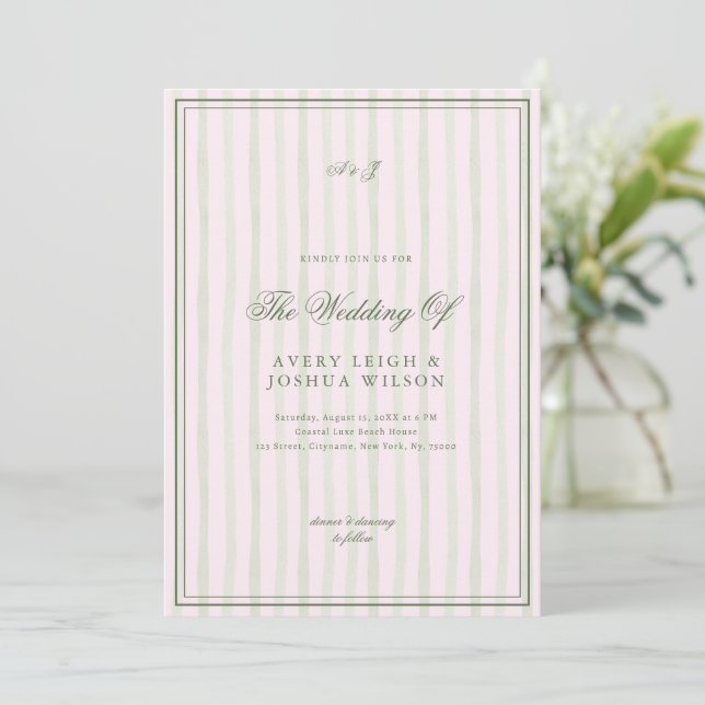 Pink & Green Olive Striped Classy Elegant Wedding Invitation (Standing Front)