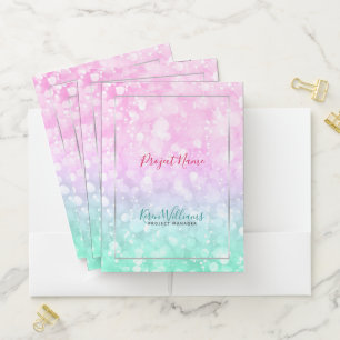 Pink & Green Ombre Faux Bokeh Glitter Pocket Folder