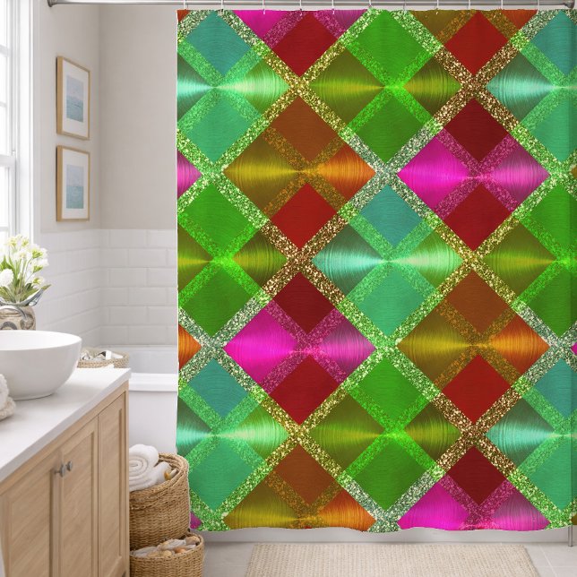 Pink Green Orange Glitter Plaid Design Shower Curtain (Creator Uploaded)