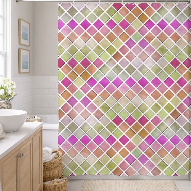 Pink Green Orange Mosaic Design Shower Curtain (Creator Uploaded)