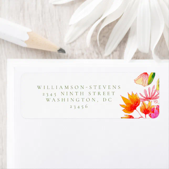 Pink Green Orange Watercolor Floral Return Address Label | Zazzle