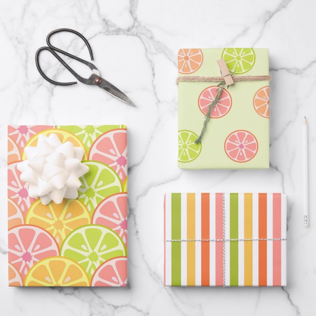 PINK GREEN ORANGE YELLOW FRUIT & STRIPES WRAPPING PAPER SHEETS (Front)