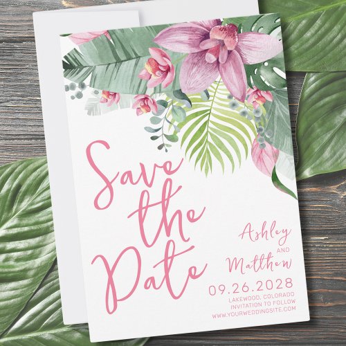 Pink Green Orchid Floral Tropical Wedding Save The Date