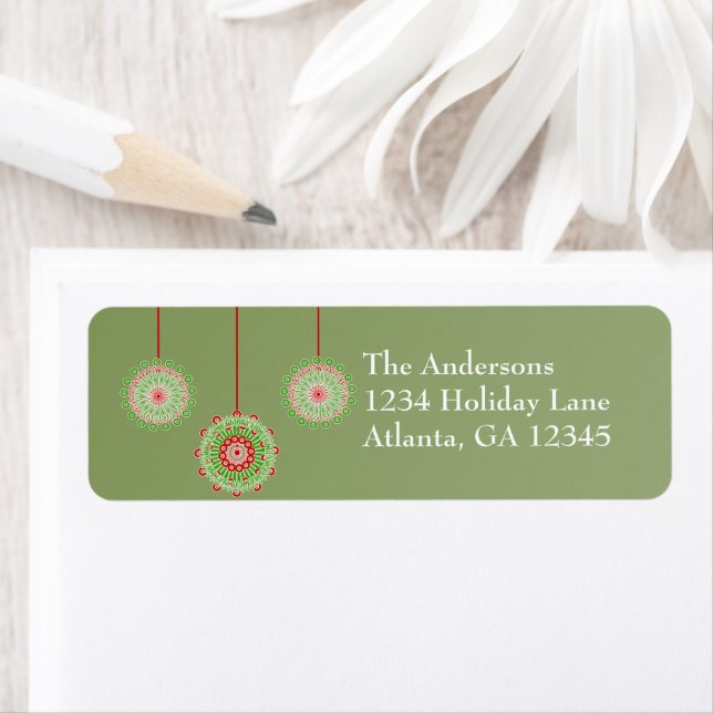 Pink & Green Ornaments on Christmas Green Label (Insitu)