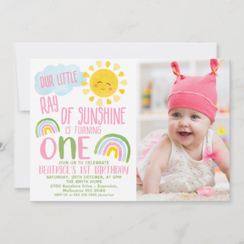 Pink Green Our Little Ray Of Sunshine 1st Birthday Invitation