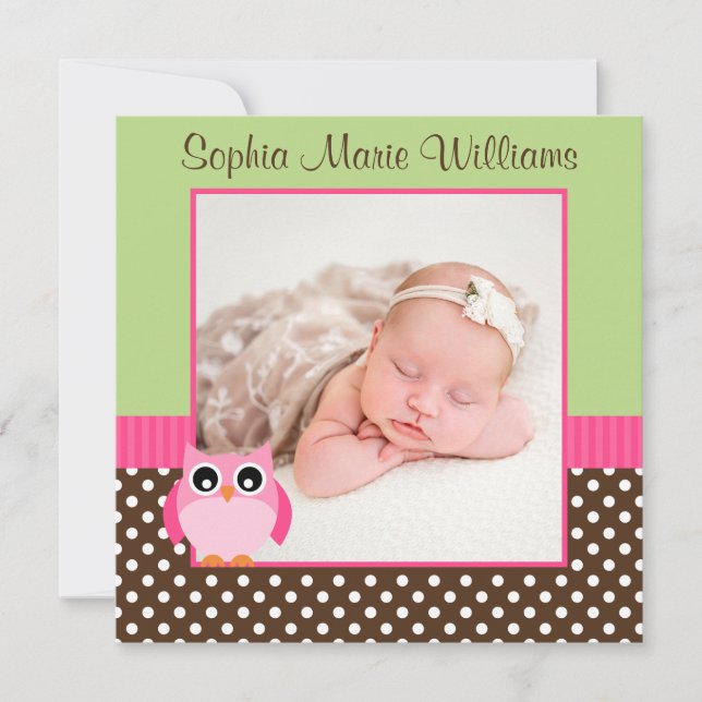 Pink Green Owl Photo Birth Announcement (Front)