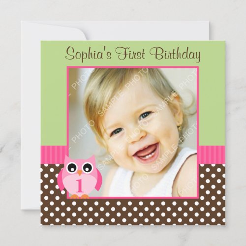 Pink Green Owl Polka Dot 1st Birthday Girl Photo Personalized Announcements