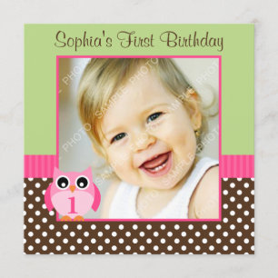 Pink Green Owl Polka Dot 1st Birthday Girl Photo Invitation