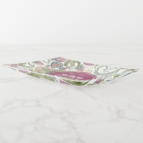 Pink Green Paisley Hebrew Glass Challah Plate Trinket Tray