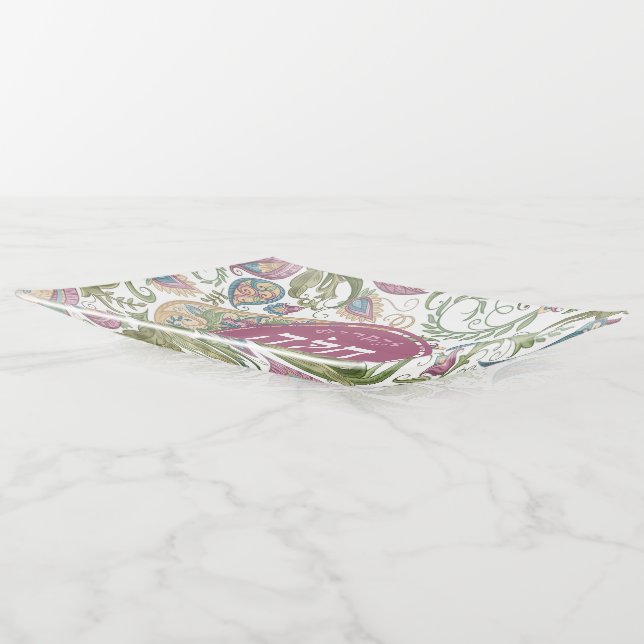 Pink Green Paisley Hebrew Glass Challah Plate Trinket Tray (Angled)
