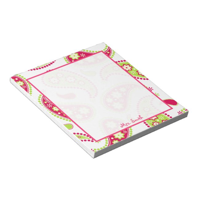 Pink & Green Paisley Personalized Notepad (Angled)